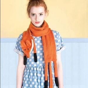 Hand Knit Long Fox Scarf In Red Orange w/ White Black Trim 4.25"W x 80 Handmade